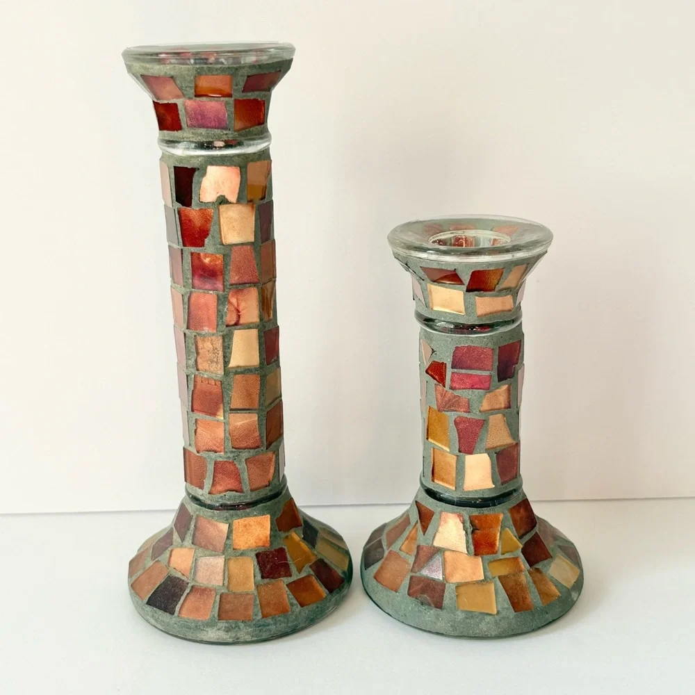 Vintage Home Interiors Mosaic Glass Candlestick Holders Red‎ Orange Gold